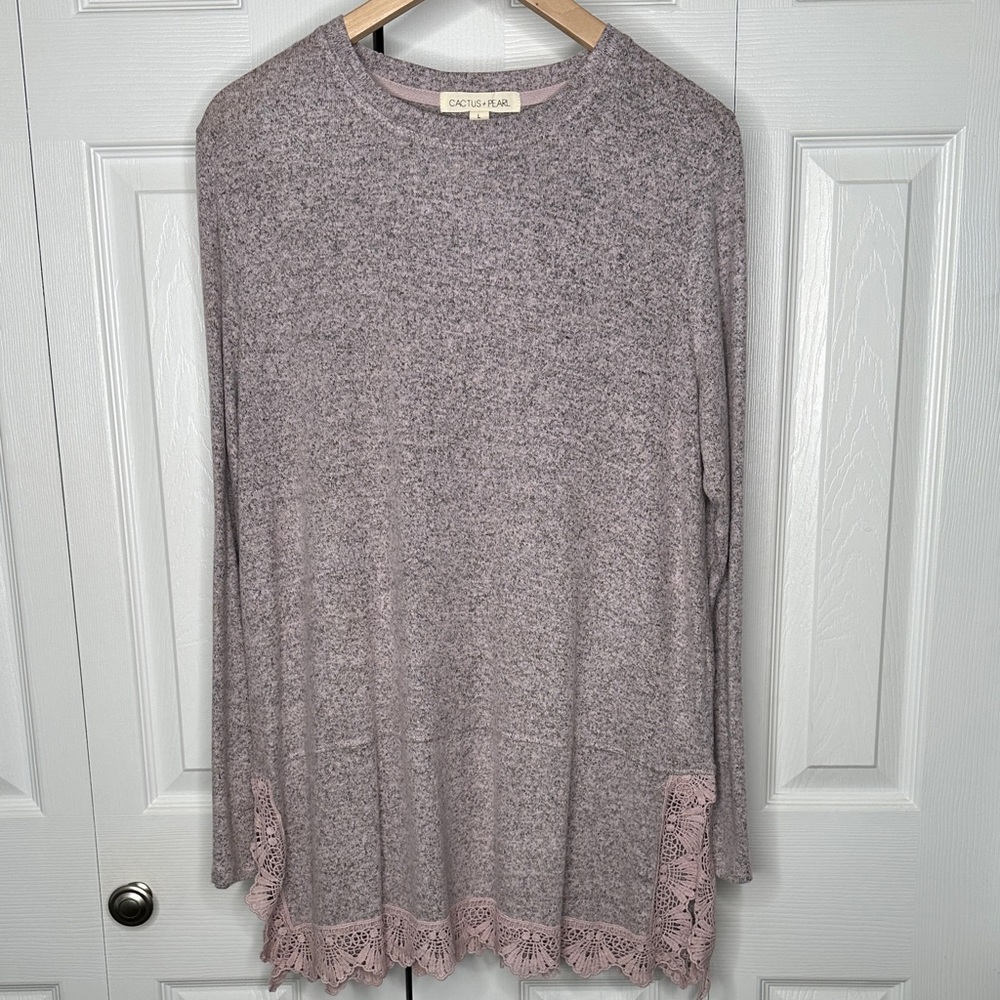 Cactus & Pearl Sweater Womens L Heather Purple Lace Trim Long Sleeve Blouse NWOT